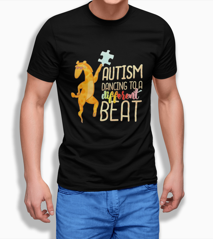 Autism Dancing To A Different Beat Giraffe Puzzle Piece And Sunglasses T-Shirt