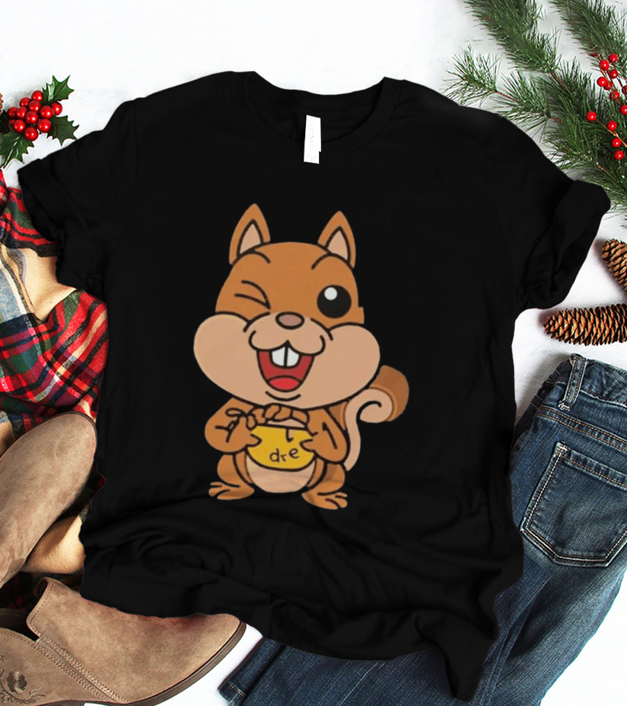 Cartoon Squirrel Holding Yellow Object With "dre" T-Shirt