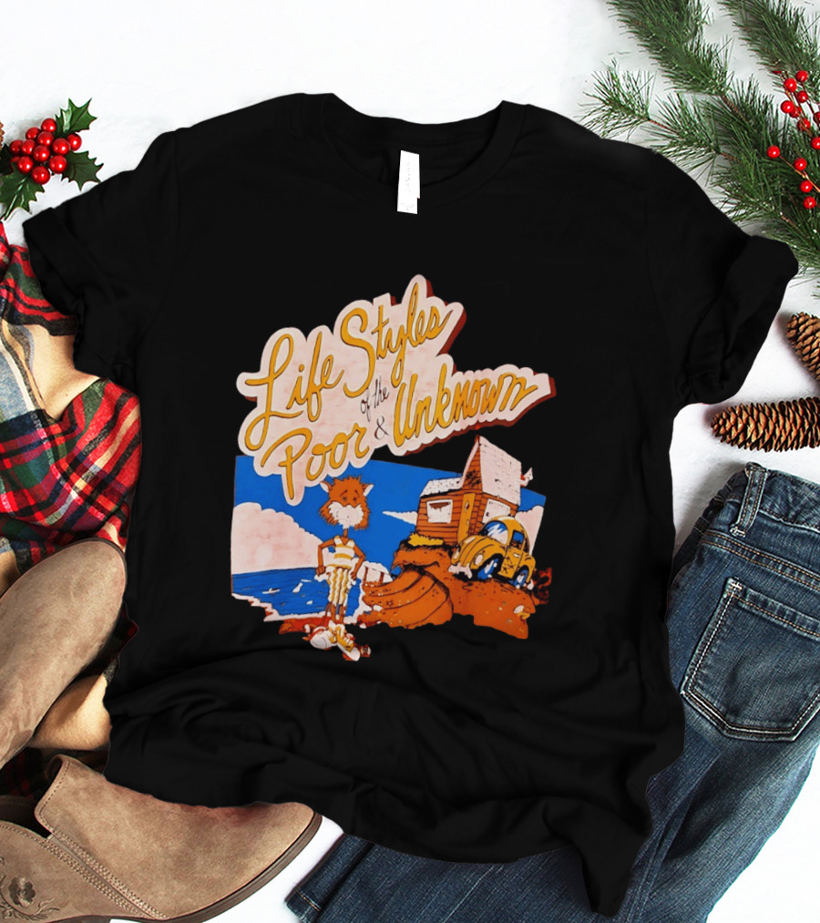 Life Styles Of The Poor And Unknown Cartoon Cat Beach Scene With House And Car T-Shirt