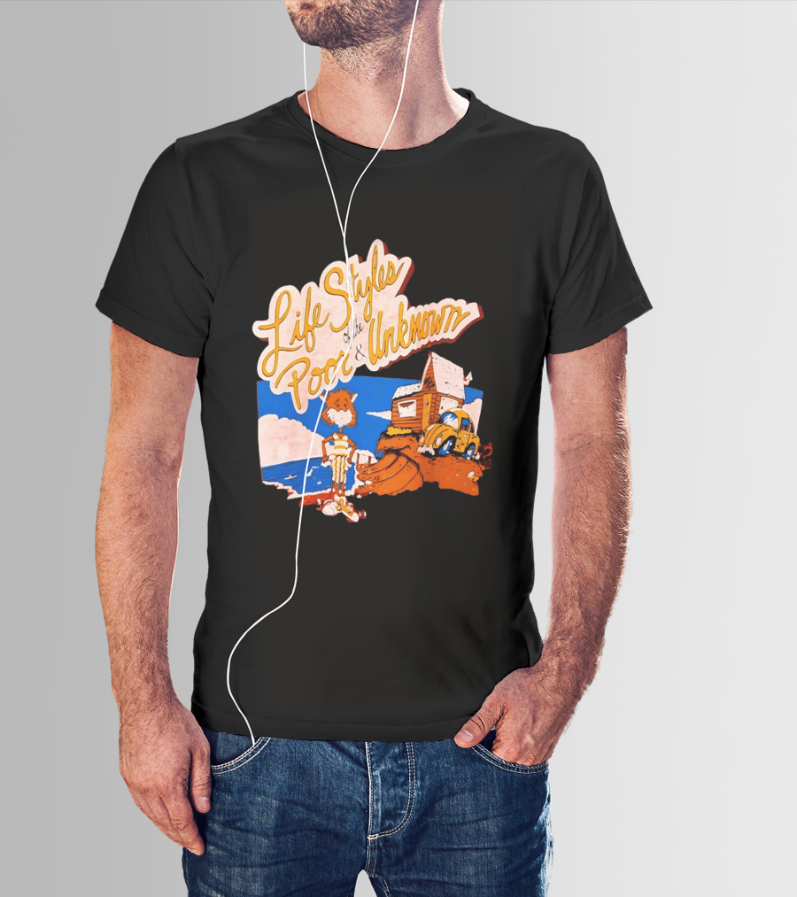 Life Styles Of The Poor And Unknown Cartoon Cat Beach Scene With House And Car T-Shirt