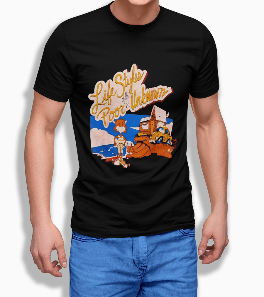 Life Styles Of The Poor And Unknown Cartoon Cat Beach Scene With House And Car T-Shirt
