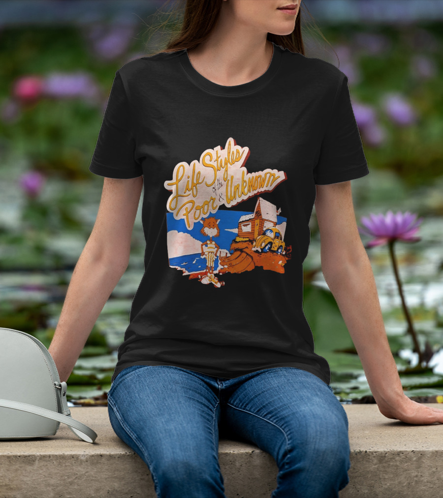 Life Styles Of The Poor And Unknown Cartoon Cat Beach Scene With House And Car T-Shirt