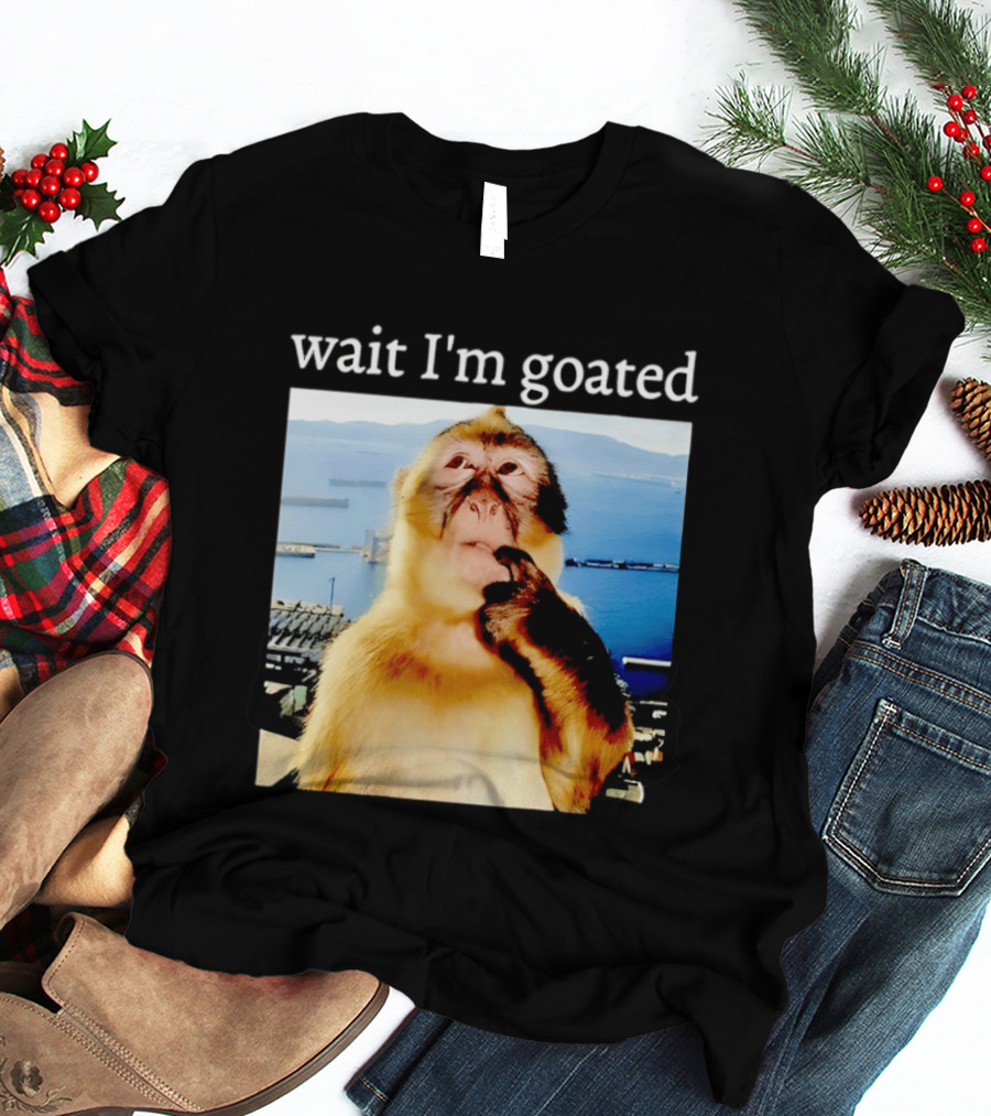 Wait I'm Goated Monkey Meme Coastal View Playful Expression T-Shirt