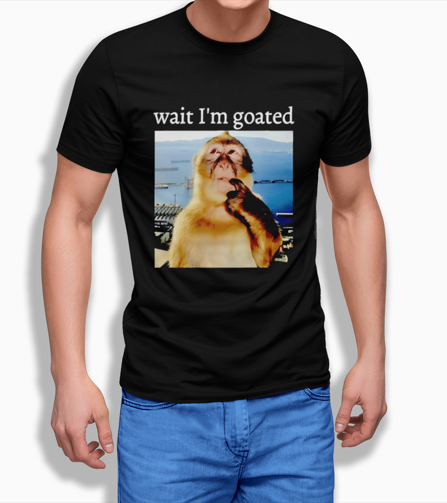 Wait I'm Goated Monkey Meme Coastal View Playful Expression T-Shirt