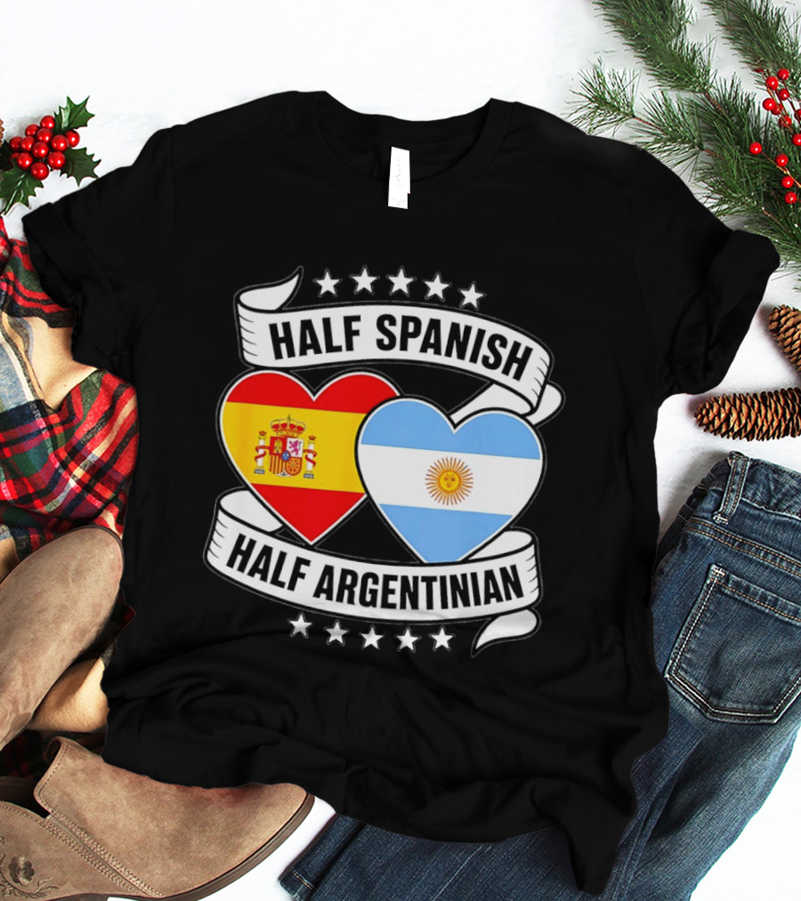 Half Spanish Half Argentinian Heart Flags Banner Star T-Shirt