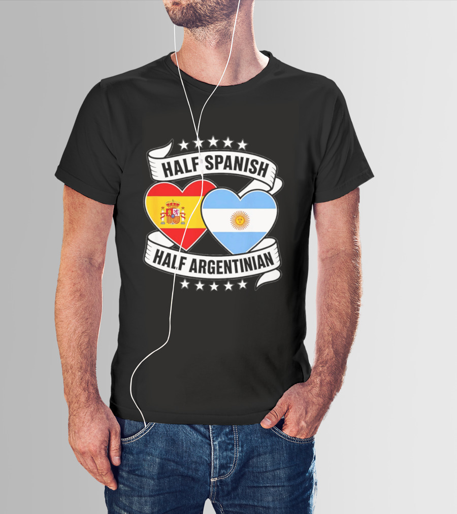 Half Spanish Half Argentinian Heart Flags Banner Star T-Shirt