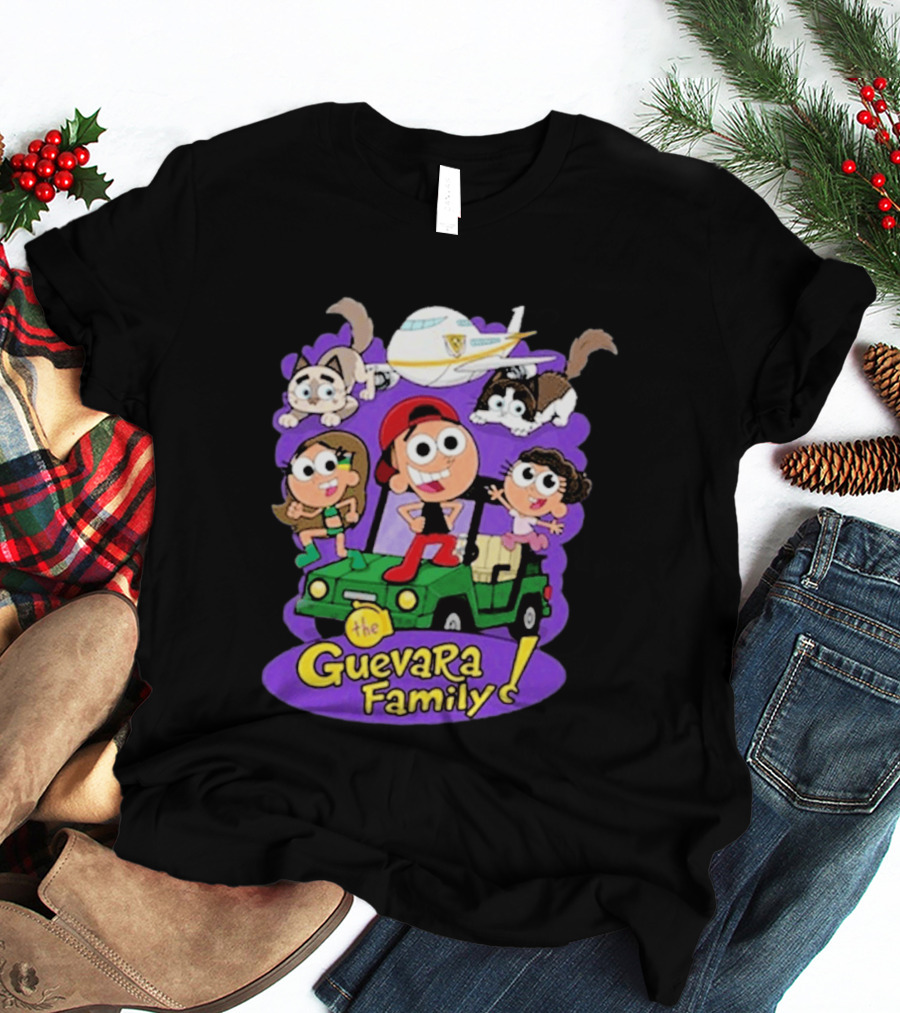 The Guevara Family Cartoon Adventure With Pets And Airplane T-Shirt