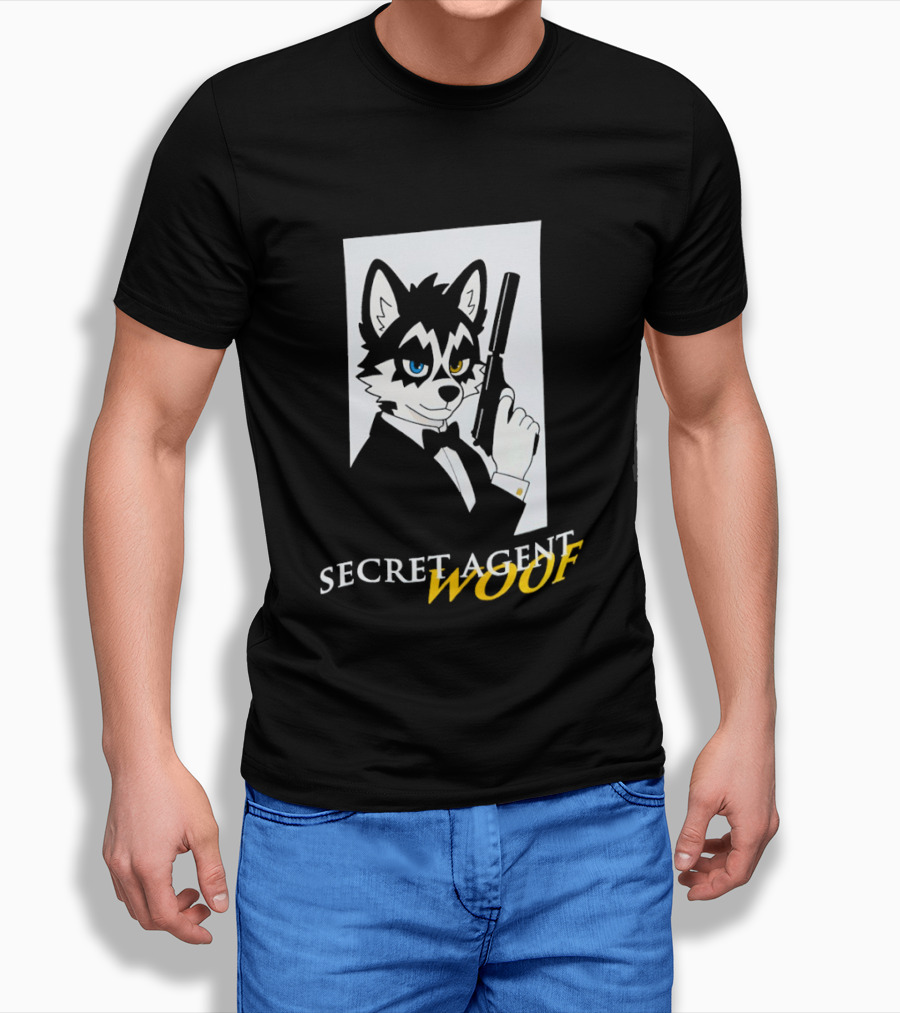 Secret Agent Woof Husky Tuxedo Spy Dog Holding Pistol Image T-Shirt