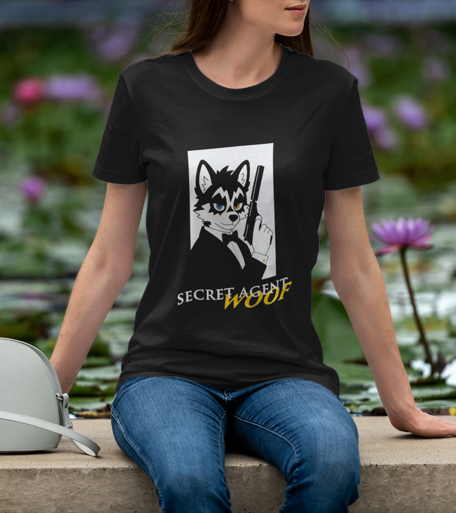 Secret Agent Woof Husky Tuxedo Spy Dog Holding Pistol Image T-Shirt