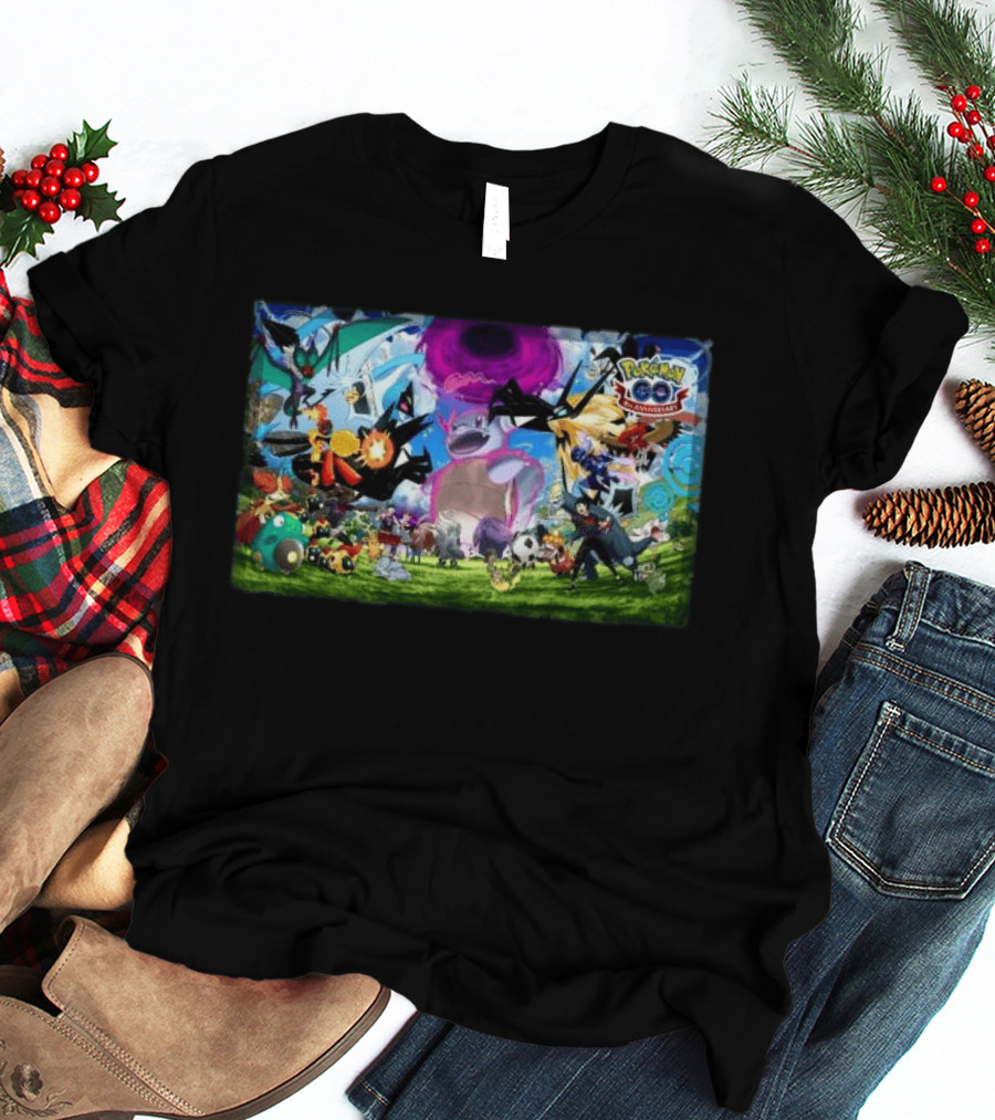Pokémon GO 8th Anniversary Celebration Featuring Legendary And Mythical Creatures Battle Scene T-Shirt
