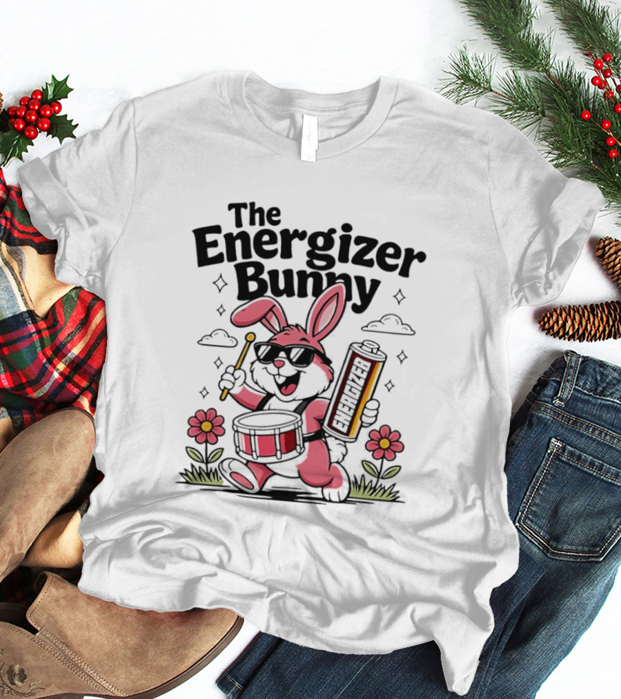 The Energizer Bunny Playing Drum Cartoon Pink Rabbit Sunglasses Drumming With Battery And Flowers T-Shirt