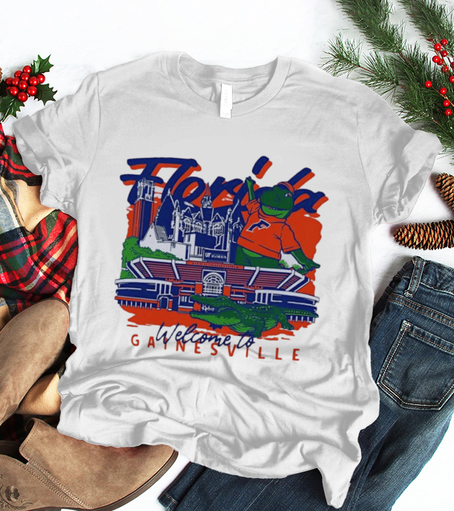 Florida Gators Welcome To Gainesville Stadium And Mascot Collage T-Shirt