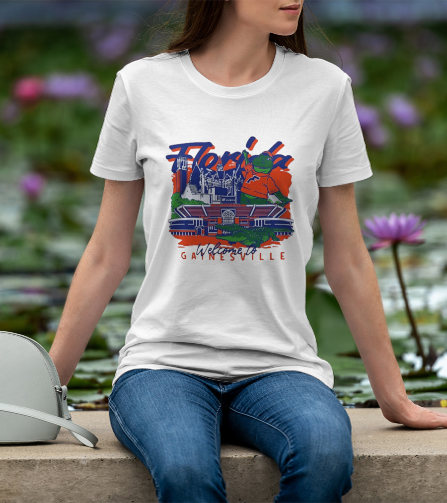 Florida Gators Welcome To Gainesville Stadium And Mascot Collage T-Shirt