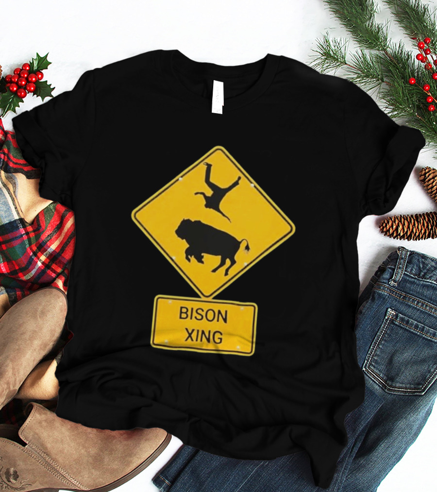 Bison Xing Road Sign With Pedestrian Warning T-Shirt