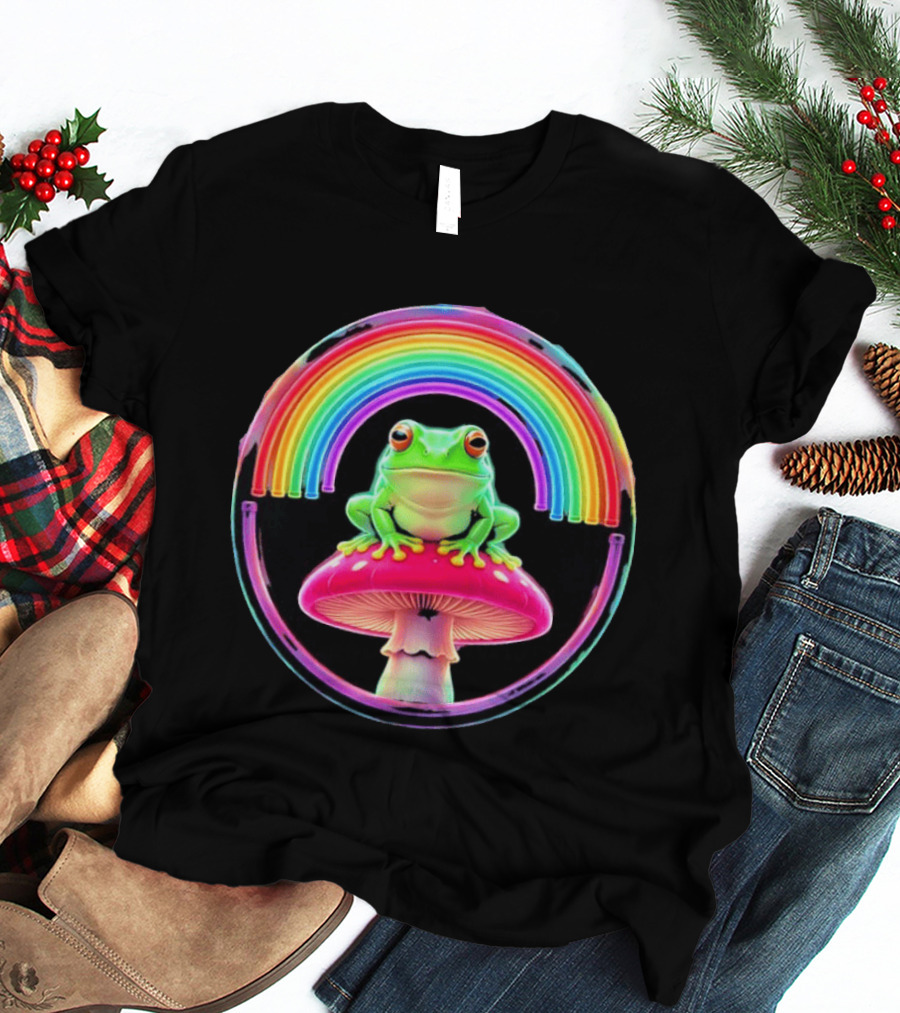Neon Frog On Mushroom Under Vibrant Rainbow Circle T-Shirt