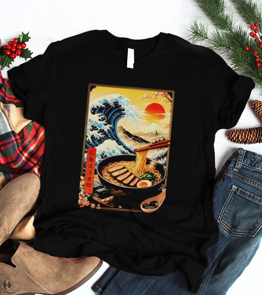 Great Wave Ramen Ukiyo E Japanese Noodles Cherry Blossoms Sun Mountain T-Shirt