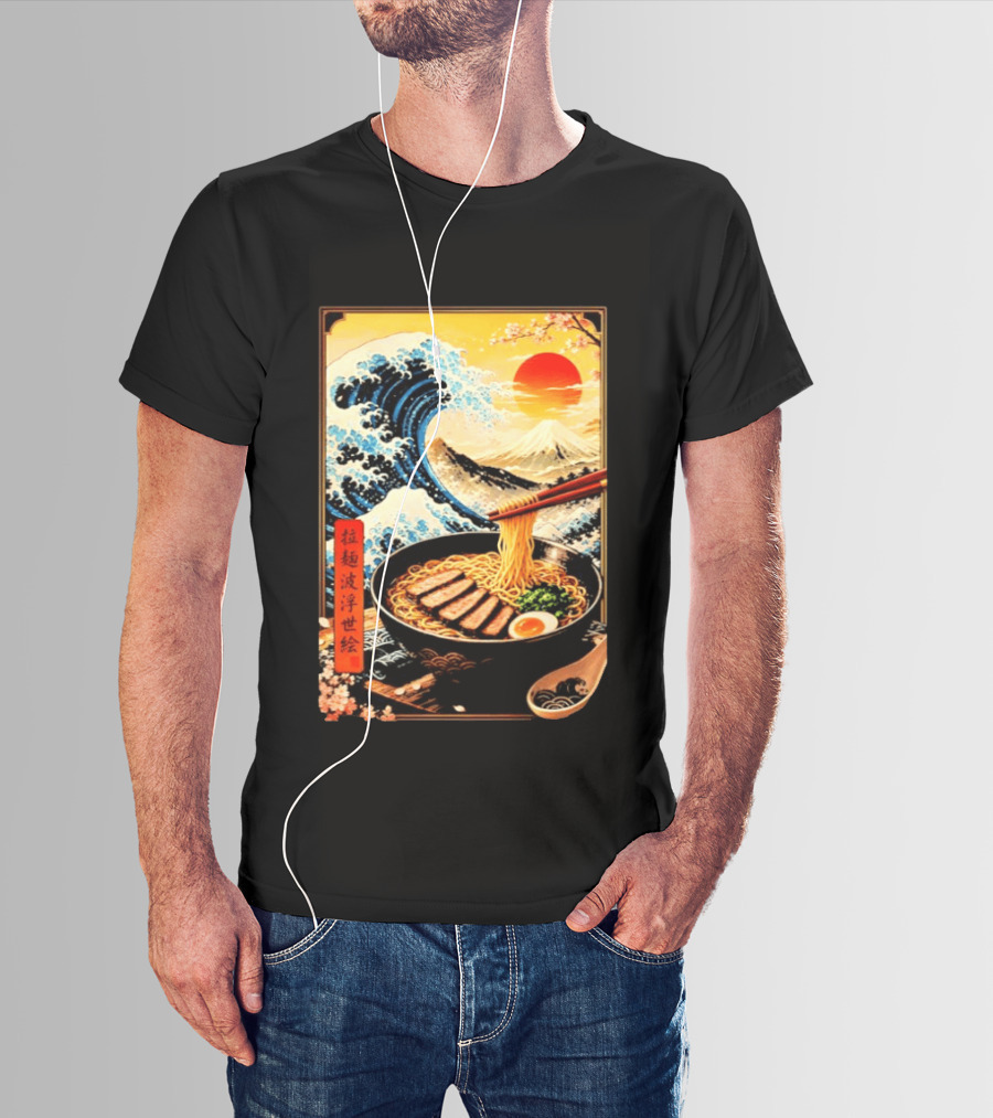 Great Wave Ramen Ukiyo E Japanese Noodles Cherry Blossoms Sun Mountain T-Shirt