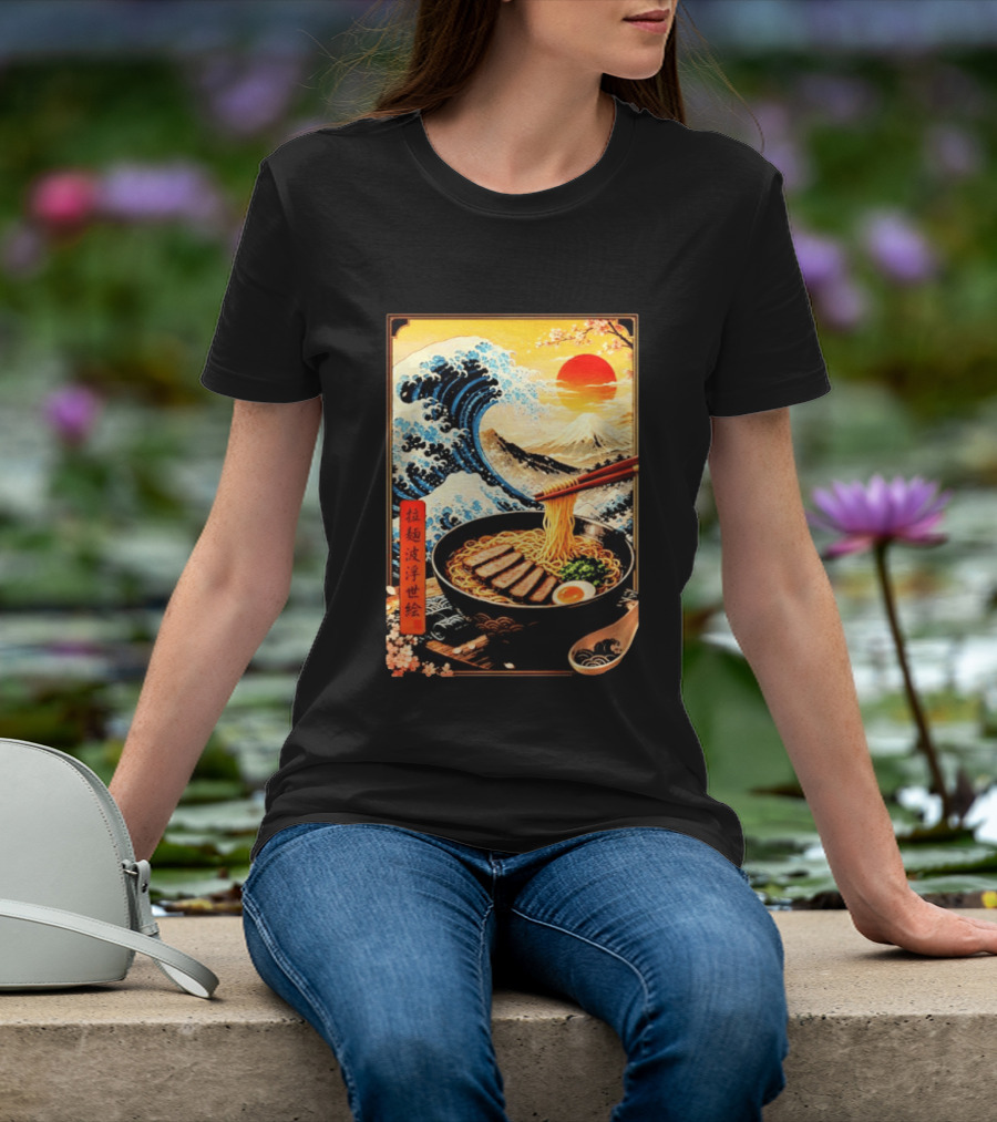 Great Wave Ramen Ukiyo E Japanese Noodles Cherry Blossoms Sun Mountain T-Shirt