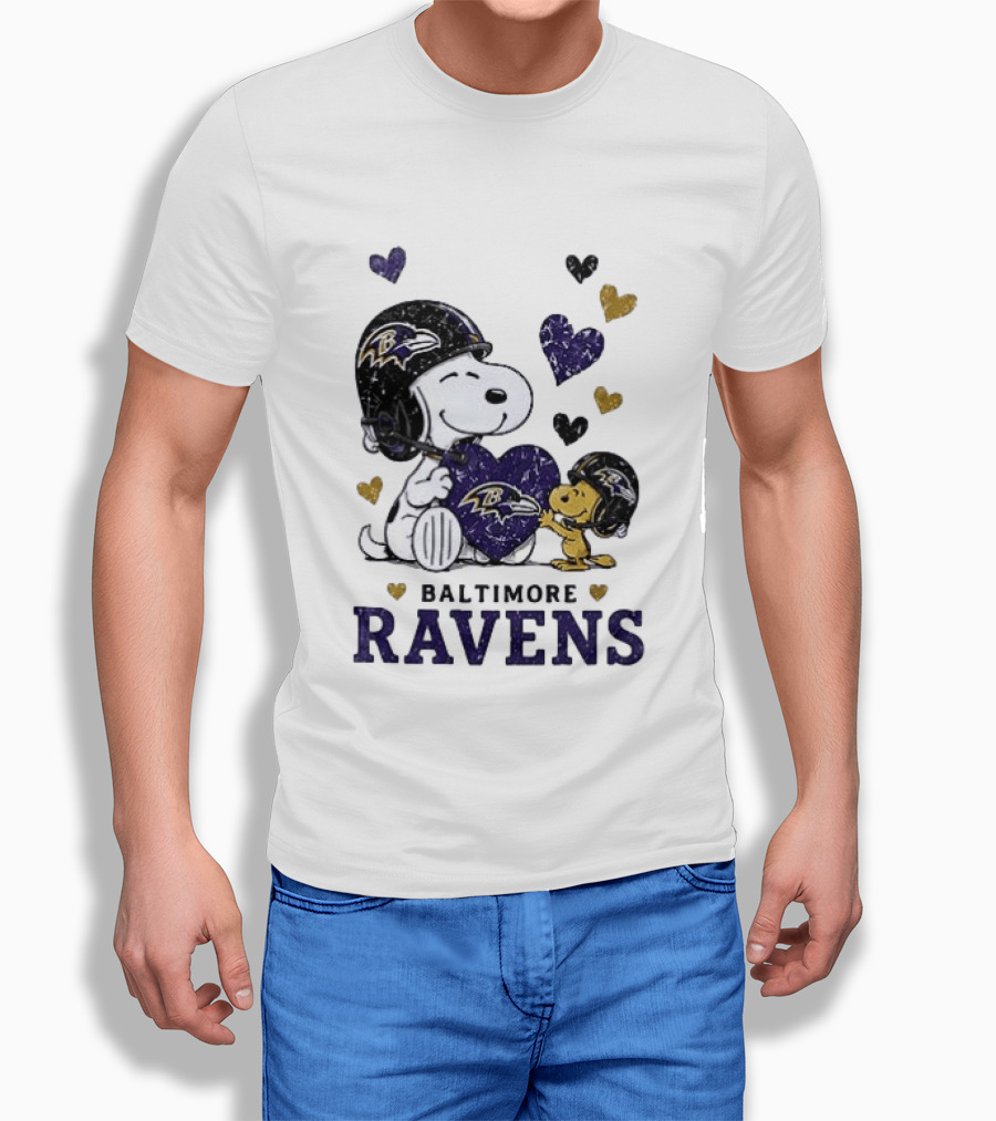 Baltimore Ravens Peanuts Snoopy Woodstock Love Laughter Hearts T-Shirt