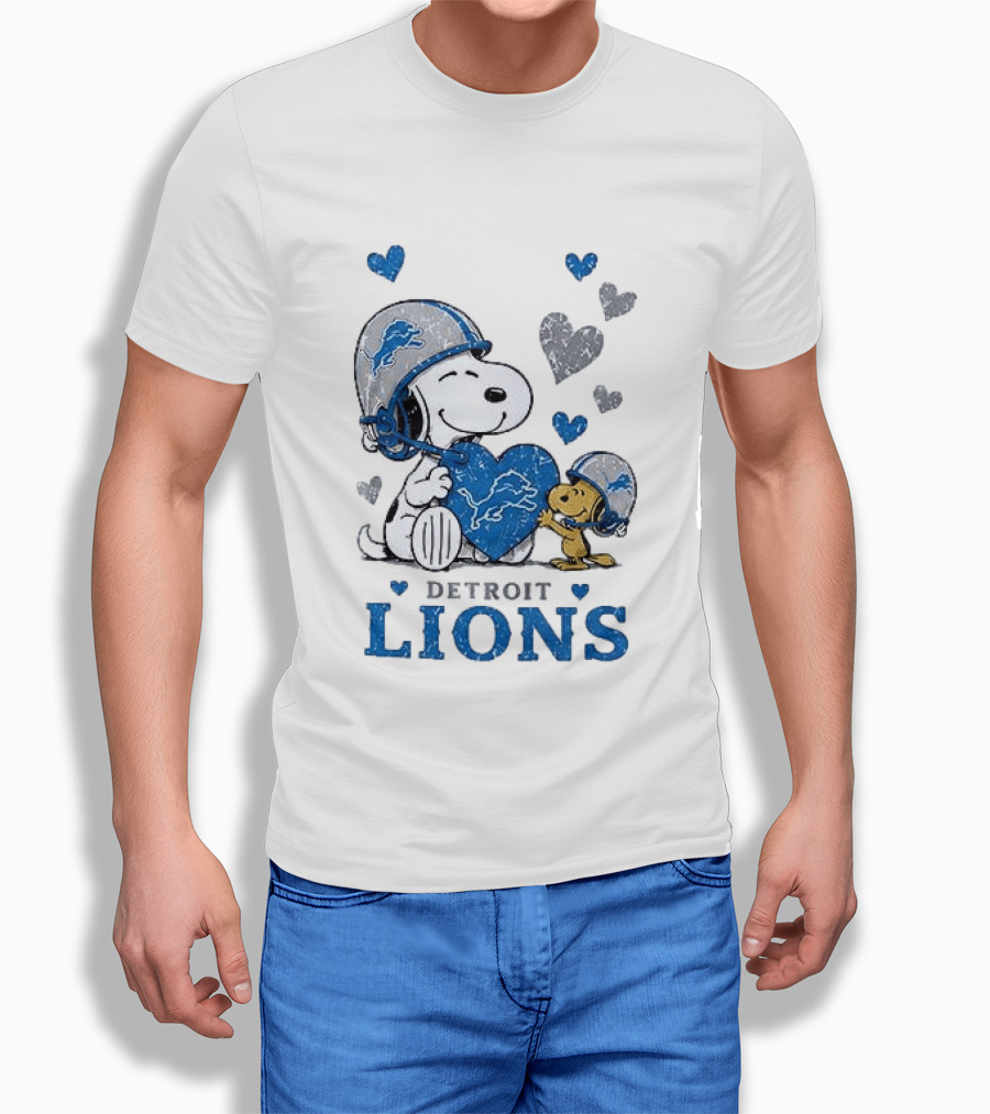 Detroit Lions Peanuts Snoopy Woodstock Heart Helmets Love T-Shirt
