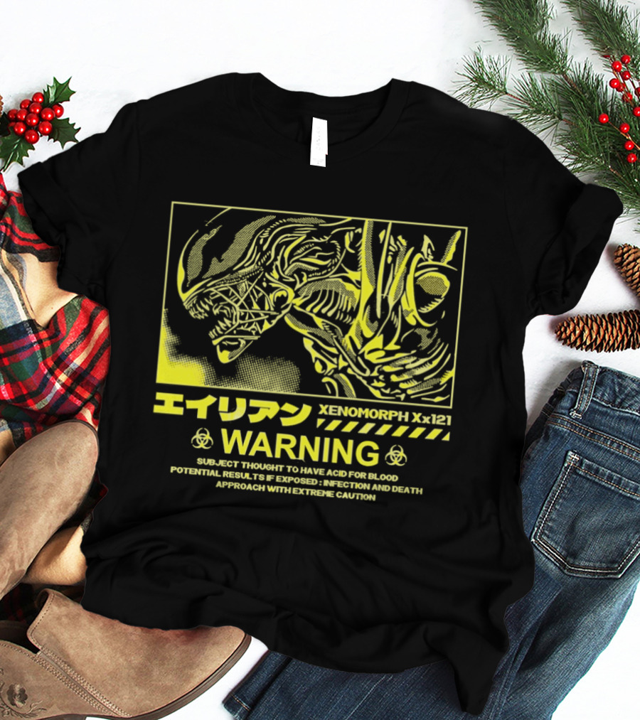 Alien Xenomorph Xx121 Acid Blood Warning Hazard Japan Text Yellow T-Shirt