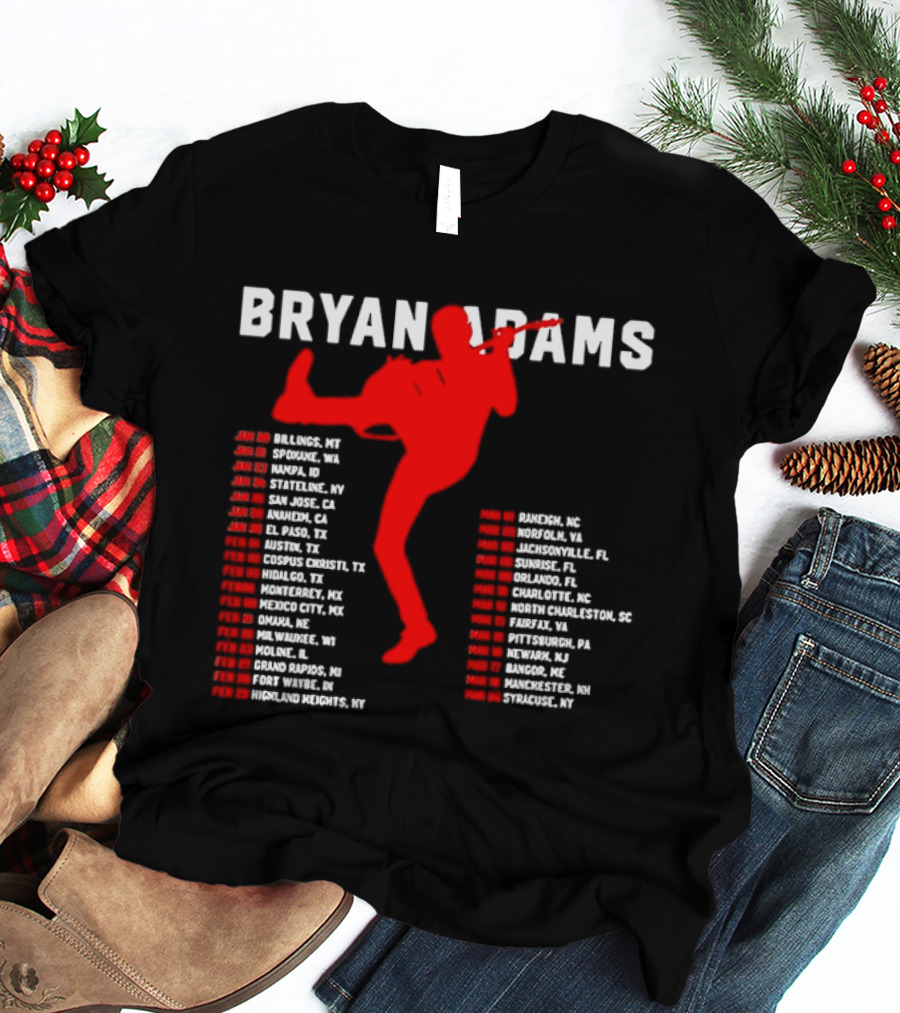 Bryan Adams Kicking Guitar With 2023 Tour Dates And Cities T-Shirt