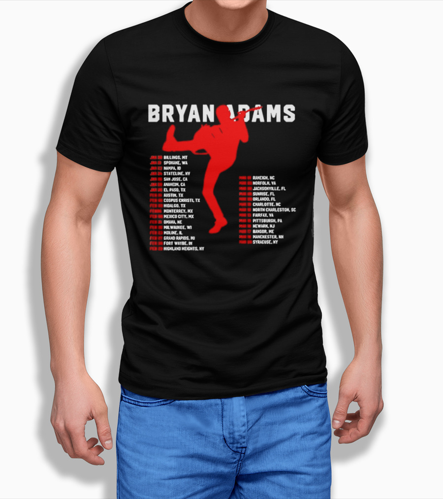 Bryan Adams Kicking Guitar With 2023 Tour Dates And Cities T-Shirt