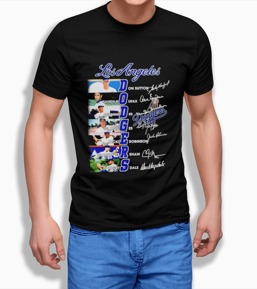 Los Angeles Dodgers Don Sutton Sandy Koufax Duke Snider Gil Hodges Jackie Robinson Clayton Kershaw Don Drysdale Signatures T-Shirt