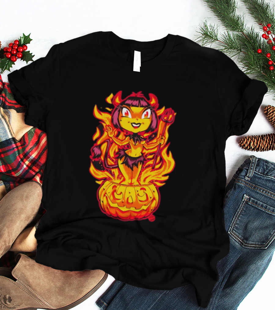 Devil Girl In Jack O' Lantern Halloween Flames With Pitchfork And Tail T-Shirt