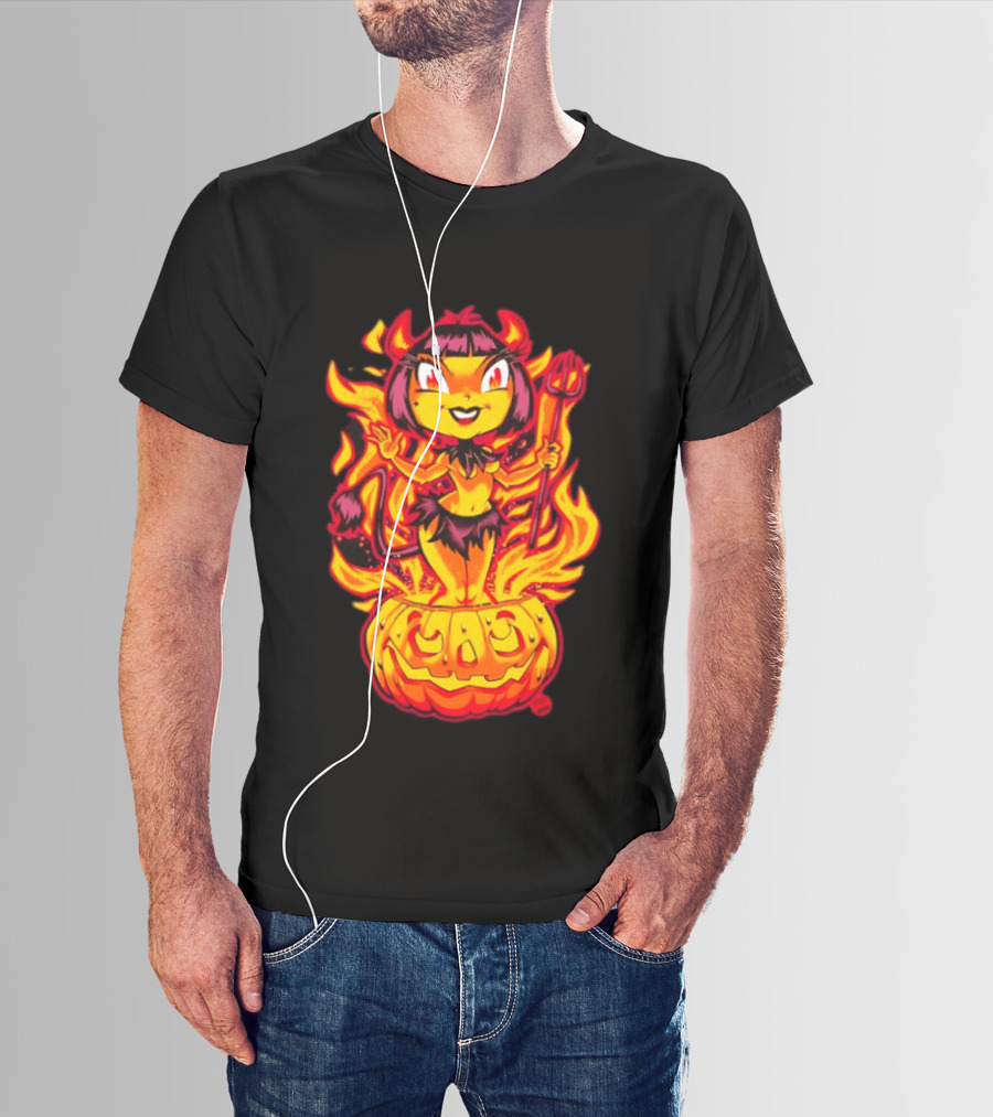 Devil Girl In Jack O' Lantern Halloween Flames With Pitchfork And Tail T-Shirt