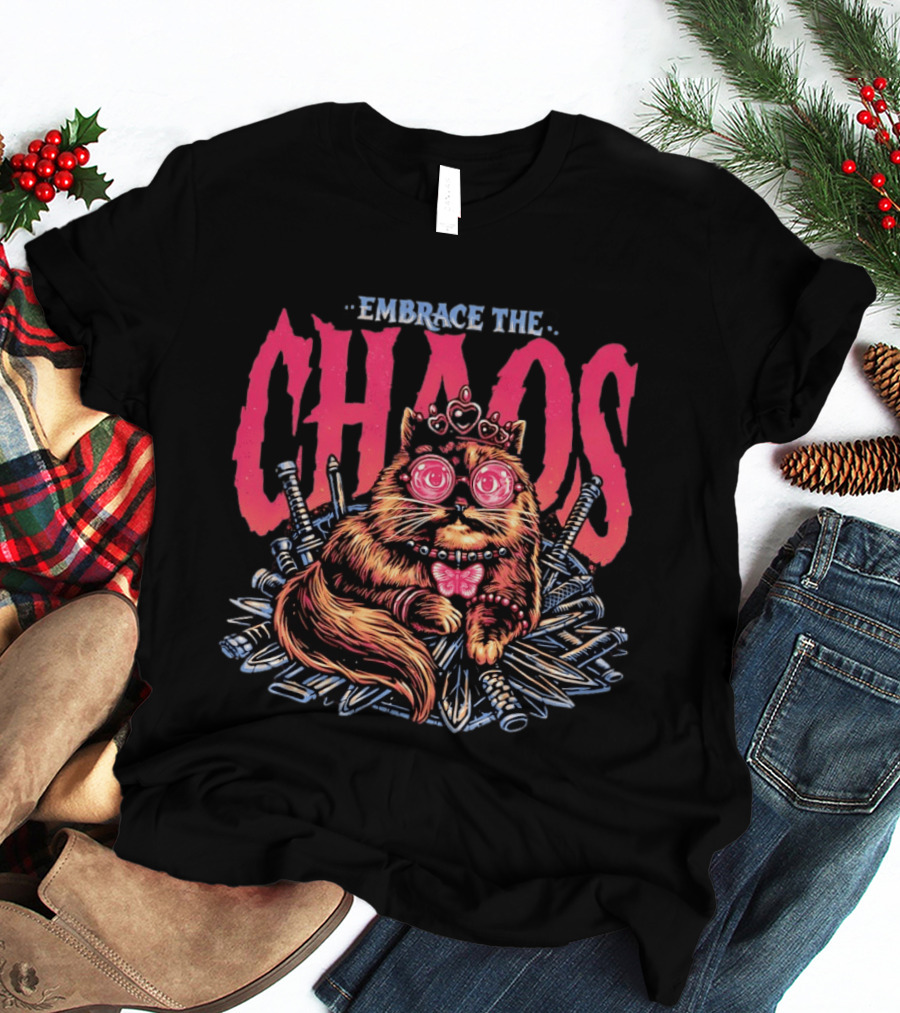 Embrace The Chaos Cat Pink Crown Daggers Funny Feline T-Shirt