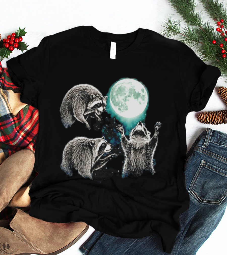 Jimothy Raccoon Moon Space Wolf Moon Trio Reaching For Full Moon T-Shirt
