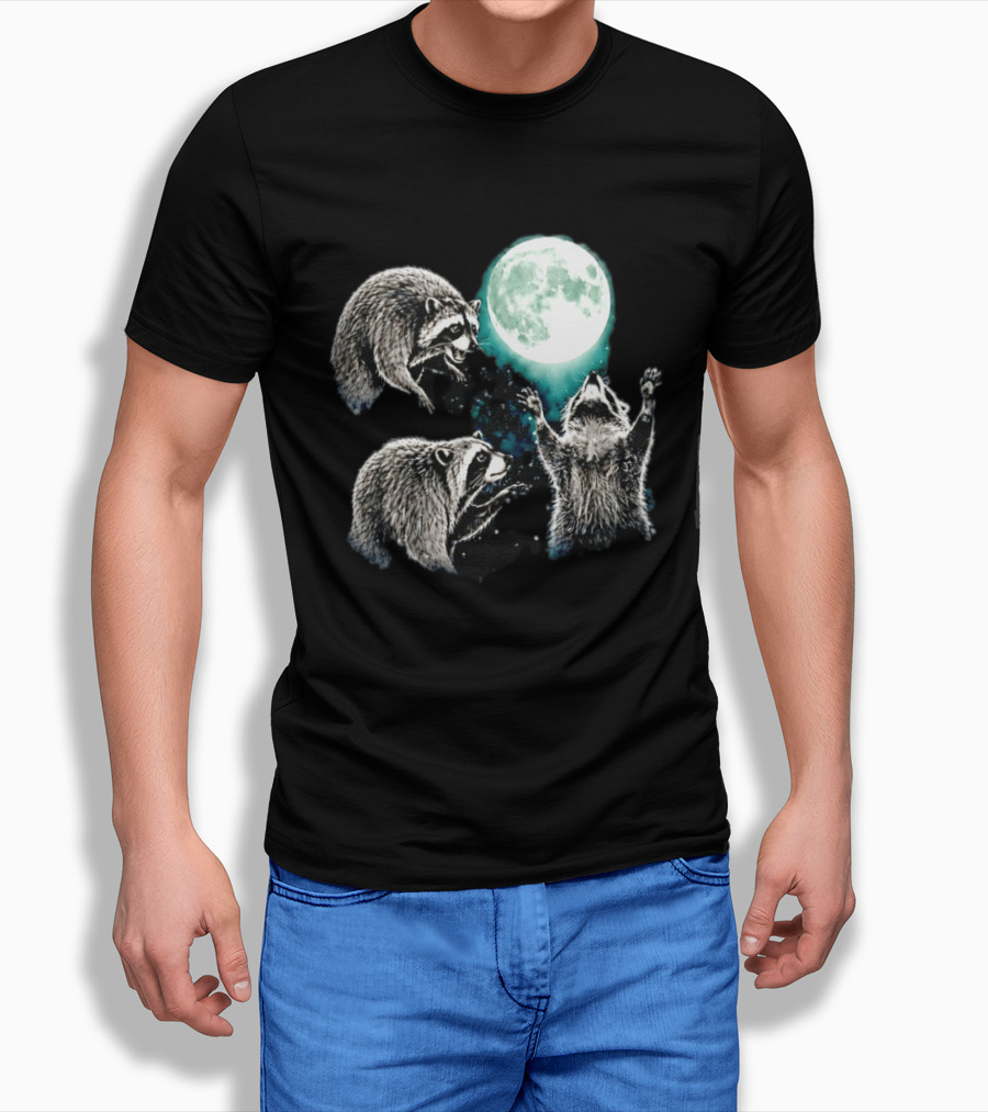 Jimothy Raccoon Moon Space Wolf Moon Trio Reaching For Full Moon T-Shirt