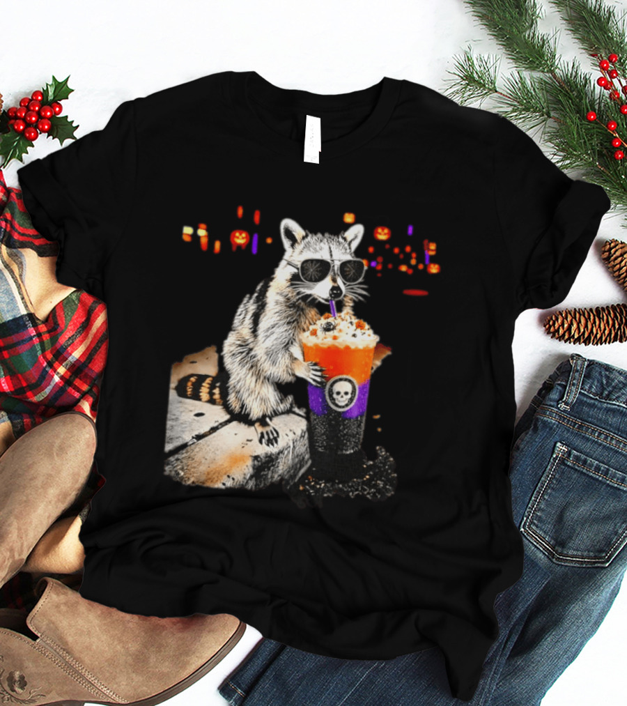 Raccoon With Sunglasses Enjoying Halloween Frappe With Skull Cup And Pumpkin T-Shirt