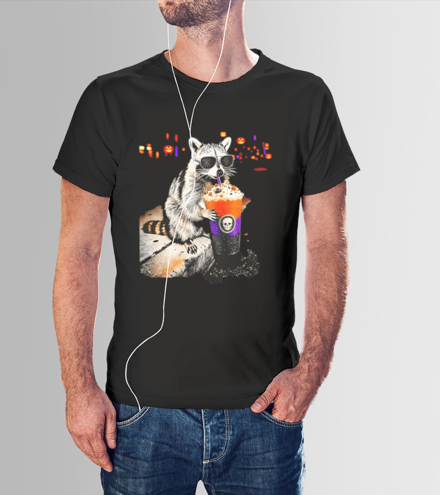 Raccoon With Sunglasses Enjoying Halloween Frappe With Skull Cup And Pumpkin T-Shirt