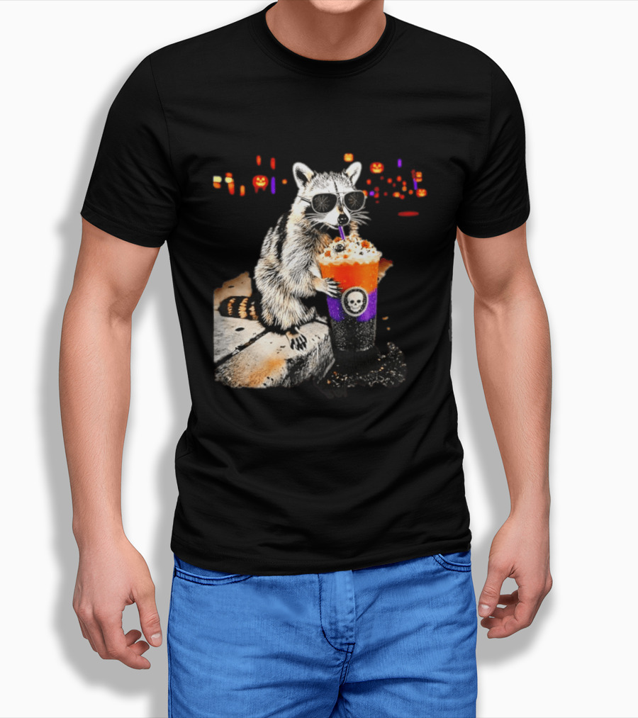 Raccoon With Sunglasses Enjoying Halloween Frappe With Skull Cup And Pumpkin T-Shirt
