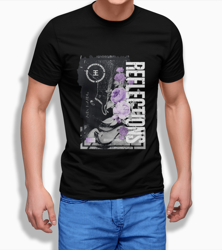 Reflections Peroxide Floral Typography With Purple Roses And Abstract Black And White T-Shirt