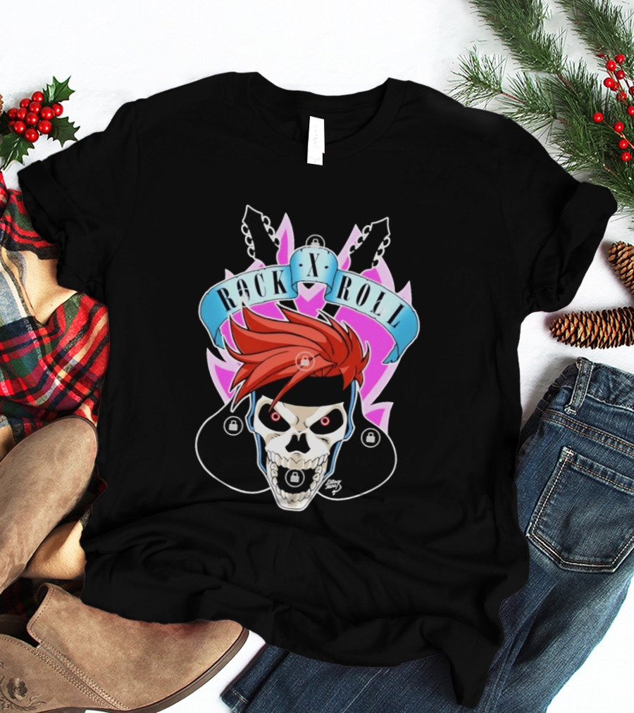 Rock X Roll Skull Electric Guitar Red Hair T-Shirt