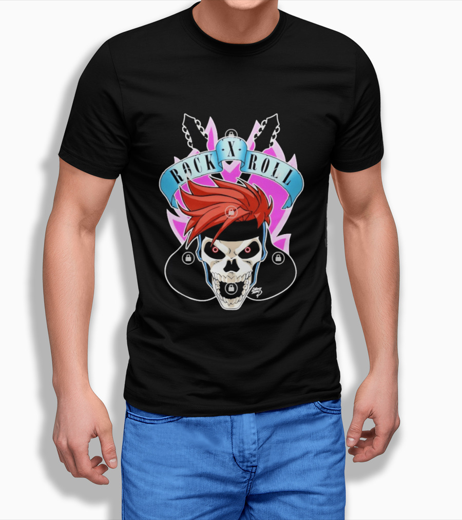 Rock X Roll Skull Electric Guitar Red Hair T-Shirt