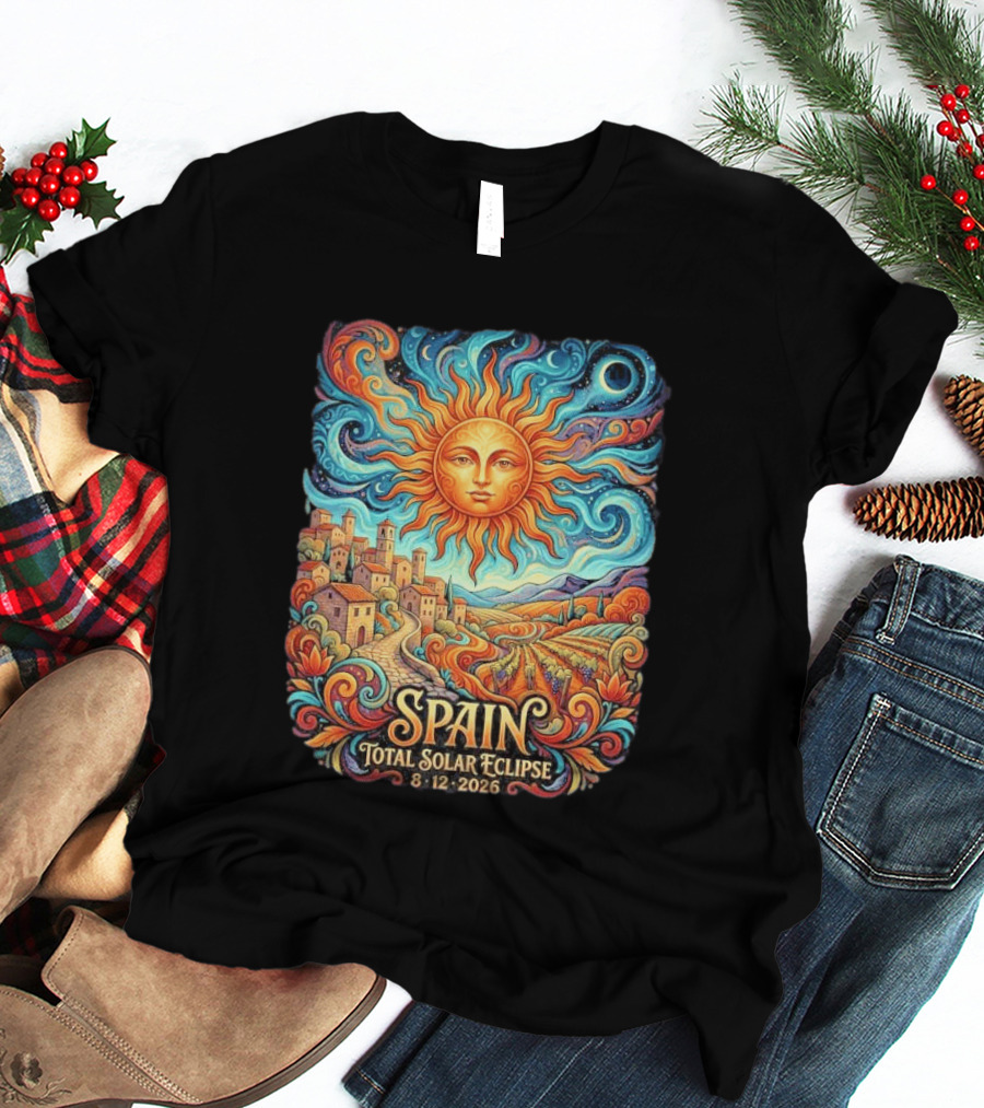 Spain Total Solar Eclipse 8 12 2026 Sun And Moon Celestial Village T-Shirt
