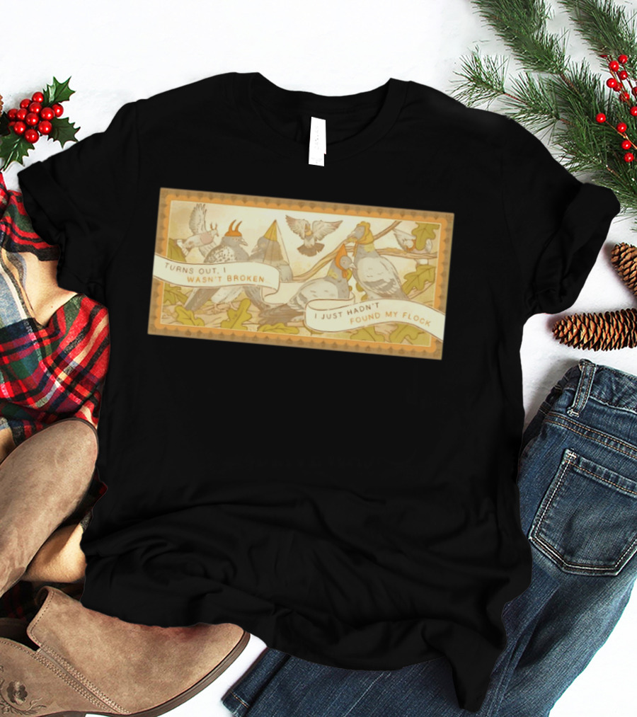 Turns Out I Wasn't Broken I Just Hadn't Found My Flock Pigeon Funny Vintage Style Banner With Autumn Leaves T-Shirt