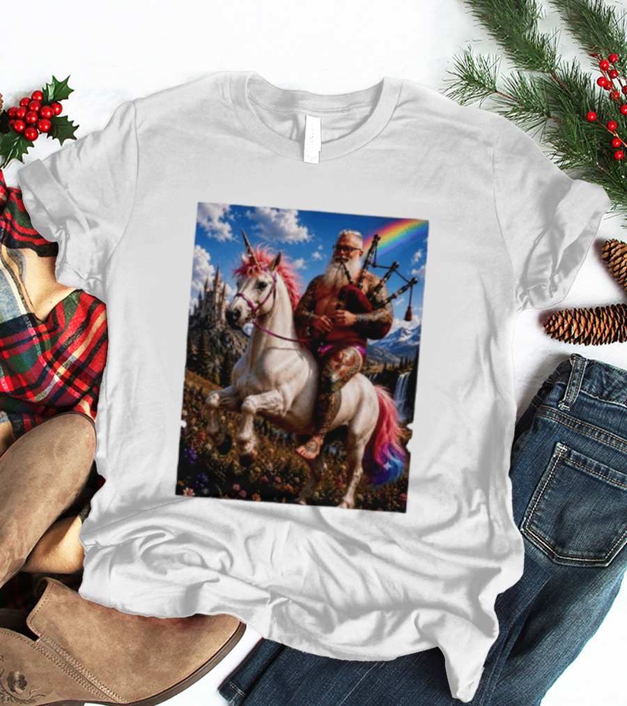 Bearded Scotsman Playing Bagpipes Riding A Rainbow Unicorn In Enchanted Castle Landscape T-Shirt