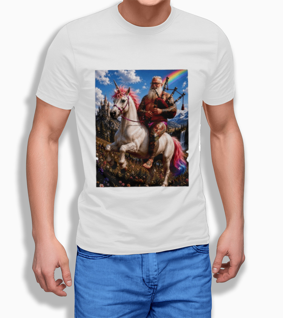 Bearded Scotsman Playing Bagpipes Riding A Rainbow Unicorn In Enchanted Castle Landscape T-Shirt