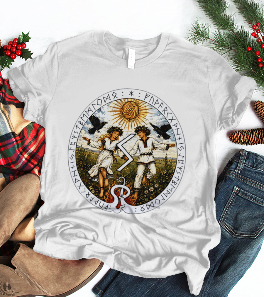 Seidr Sun Wheel Futhark Runes Pagan Folk Norse Mythology Ravens And Dancing Figures T-Shirt
