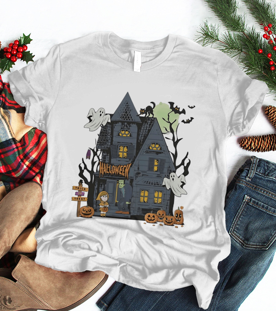 Halloween Haunted House With Frankenstein Trick Or Treat Ghosts And Pumpkins T-Shirt