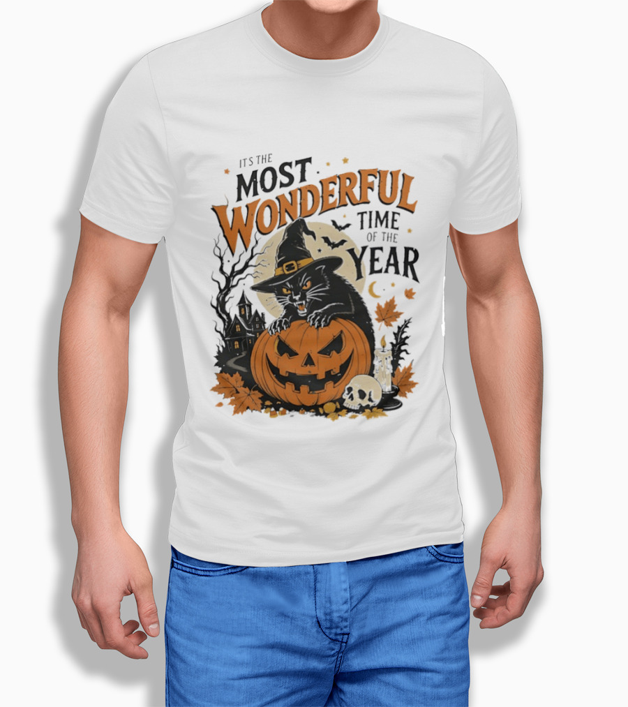 It's The Most Wonderful Time Of The Year Witch Cat And Pumpkin Halloween T-Shirt