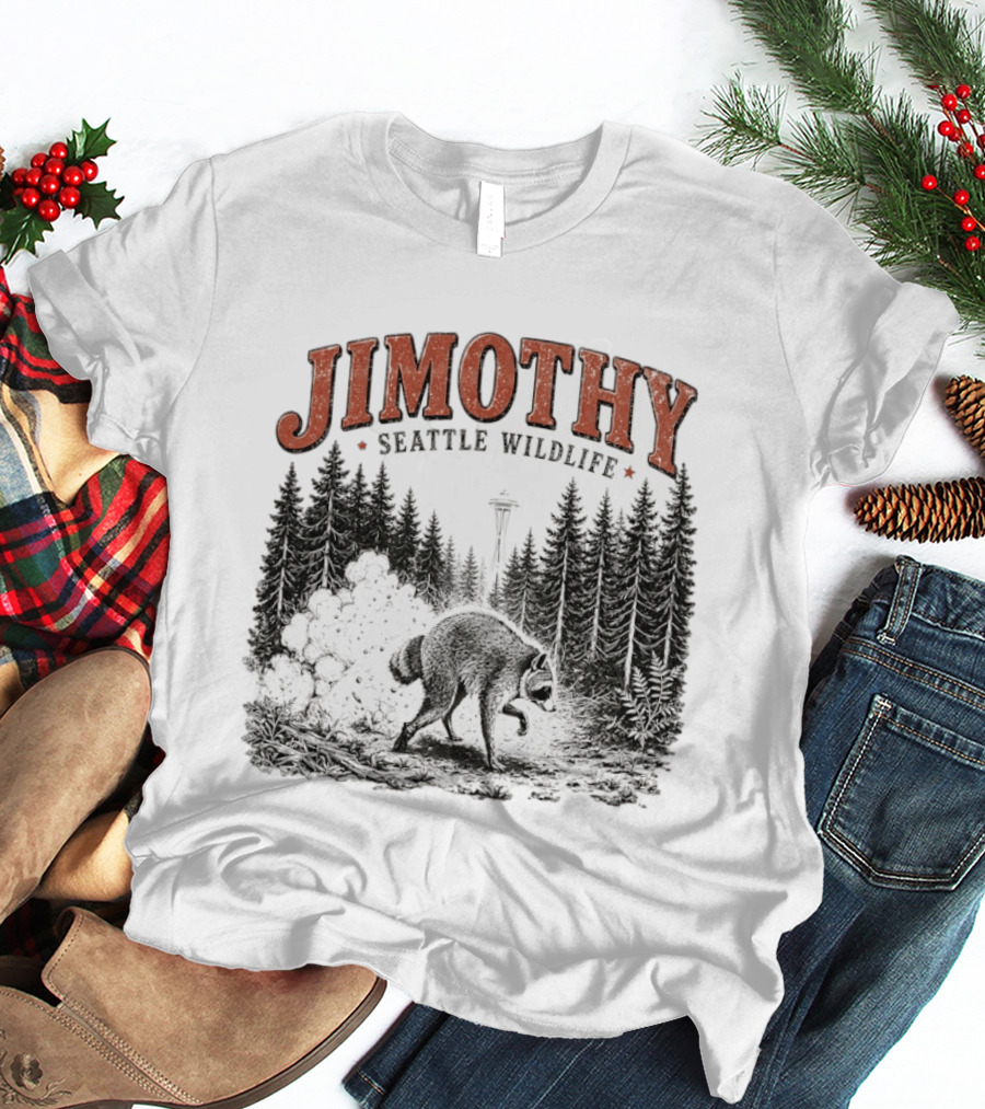 Jimothy Seattle Wildlife Raccoon With Space Needle Forest Scene T-Shirt