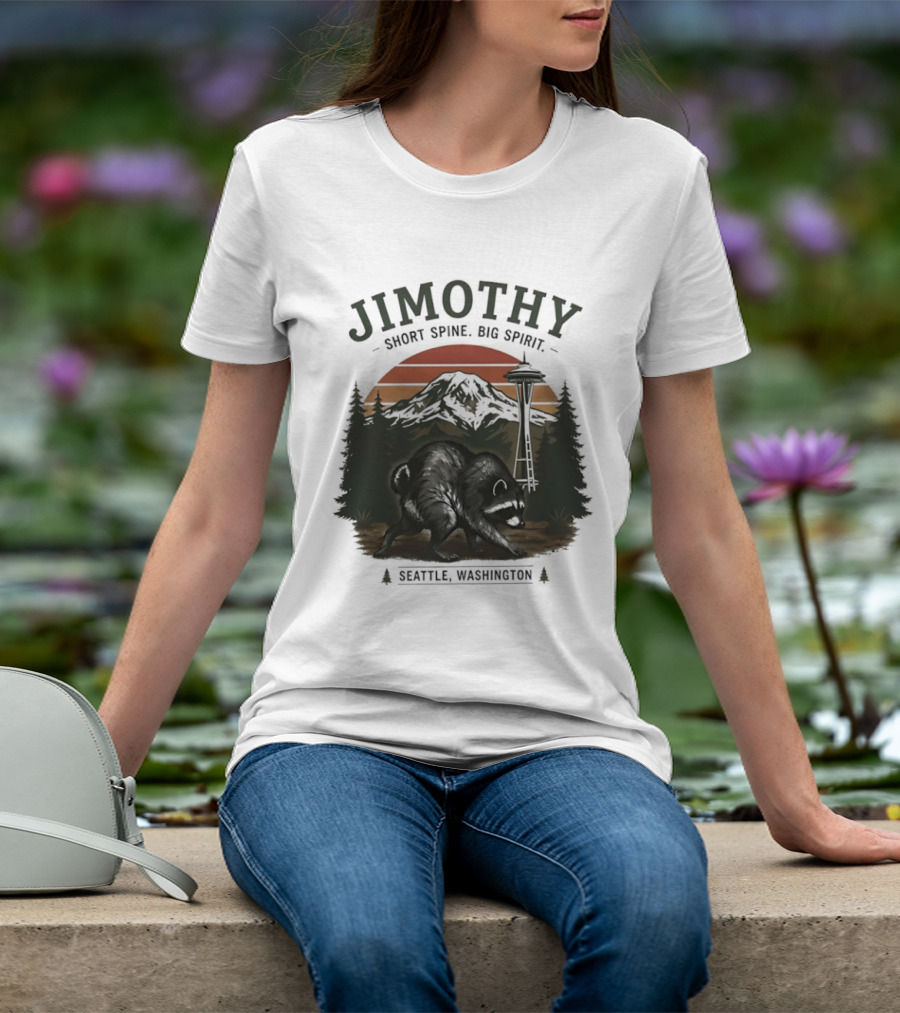 Jimothy Short Spine Big Spirit Bear Seattle Washington Skyline Sunset T-Shirt