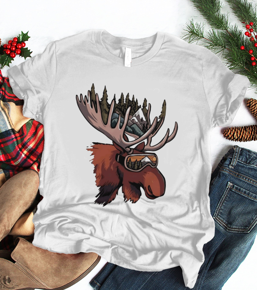 Moose With Ski Goggles And Mountain Forest Antlers Adventure Scene T-Shirt