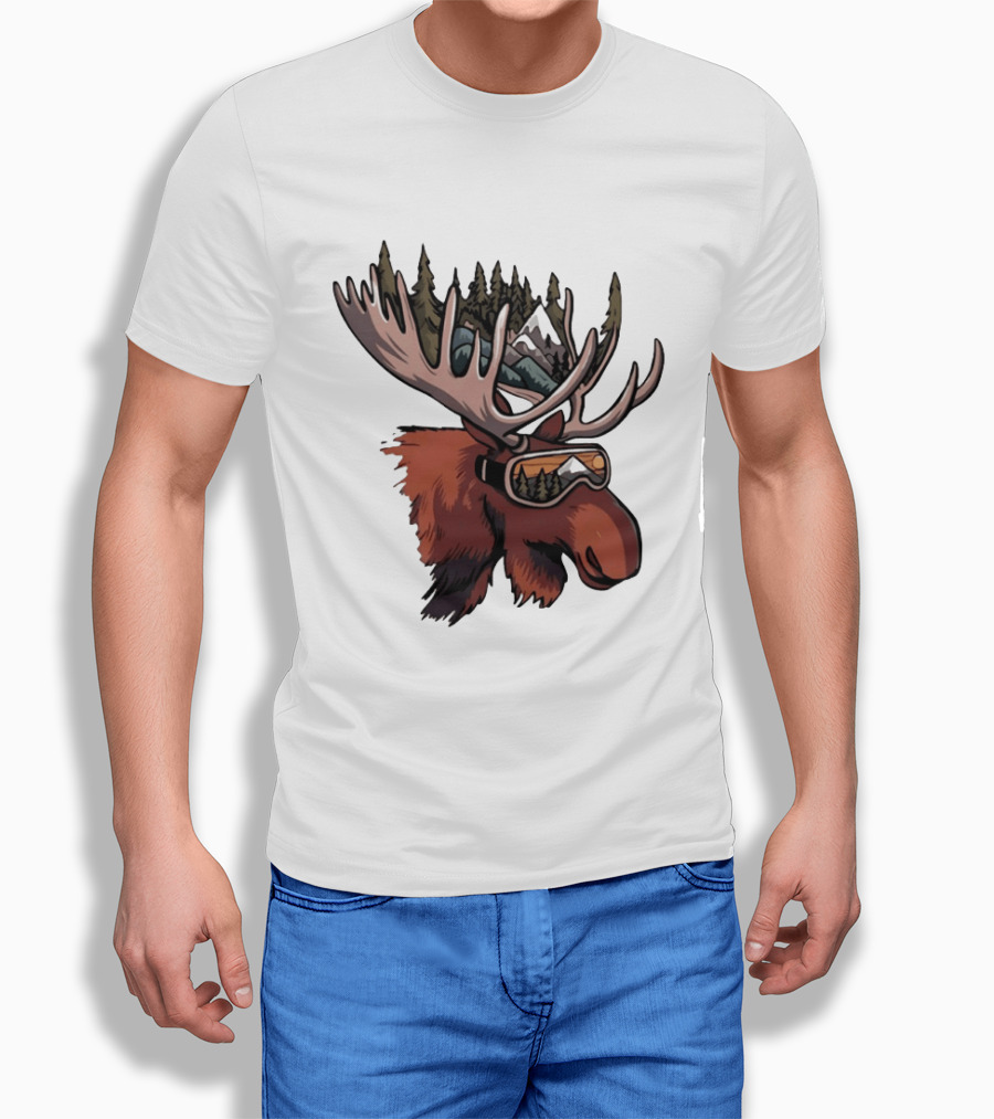 Moose With Ski Goggles And Mountain Forest Antlers Adventure Scene T-Shirt